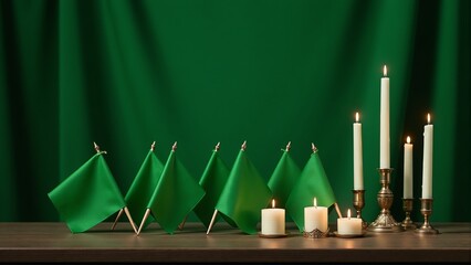 Green Flags and Lit Candles on Wood