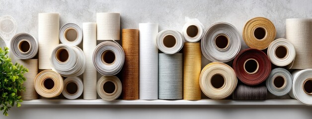 Top view of rolled fabric and wallpaper on a white table, showcasing textured materials ideal for interior design in beige and gray tones