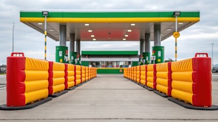 A focused image on the protective barriers and containment booms deployed around the fuel station highlighting the environmental precautions taken during bunkering operations..