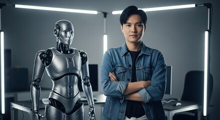 A young engineer stands confidently, arms crossed, beside a sophisticated humanoid robot in a modern tech lab. The scene exudes innovation and technological advancement.