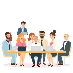 Obraz premium A group of nine managers are setting up for a trade show. They appear focused and collaborative, with laptops and notes in front of them.