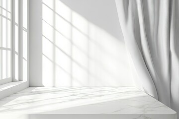 Obraz premium Bright, sunlit room with marble surface and draped curtain