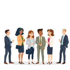 Obraz premium A group of six consultants are networking with visitors at a booth. They are dressed in business attire and seem engaged in the conversation.