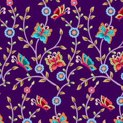 Multi colour Butterfly  and Handmade Flora butta Jaal Pattern