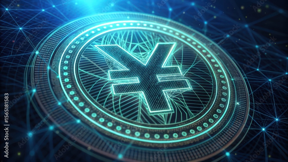 Poster holographic yuan icon with detailed lines and design elements