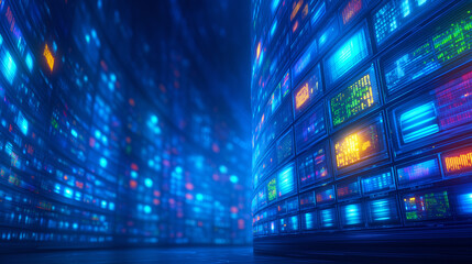 Vibrant blue and neon colors dominate the environment, creating a digital realm filled with glowing screens displaying abstract patterns. The space feels immersive, suggesting advanced technology