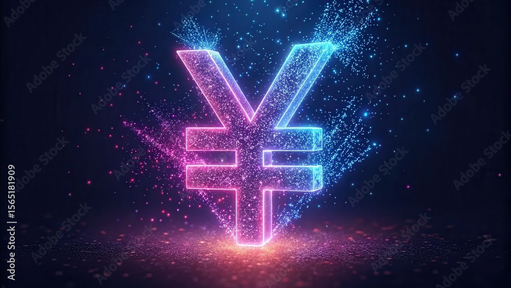 Poster Neon Yuan Symbol with Particles on Dark Background in Low Resolution