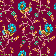Colourfull Peacock Illustration With Jaal and Leaves Pattern Ready to Print