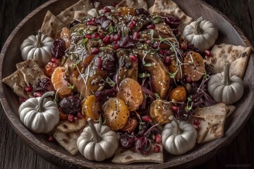A fruit salad consisting of pumpkin, tangerine, and pomegranate, accompanied by microgreen sprouts, is presented on a blue background from a top view with copy space