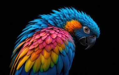 Obraz premium Striking portrait of a vividly colored macaw on a clean, black backdrop
