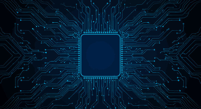 Abstract Blue Circuit Board with Central Processor Unit