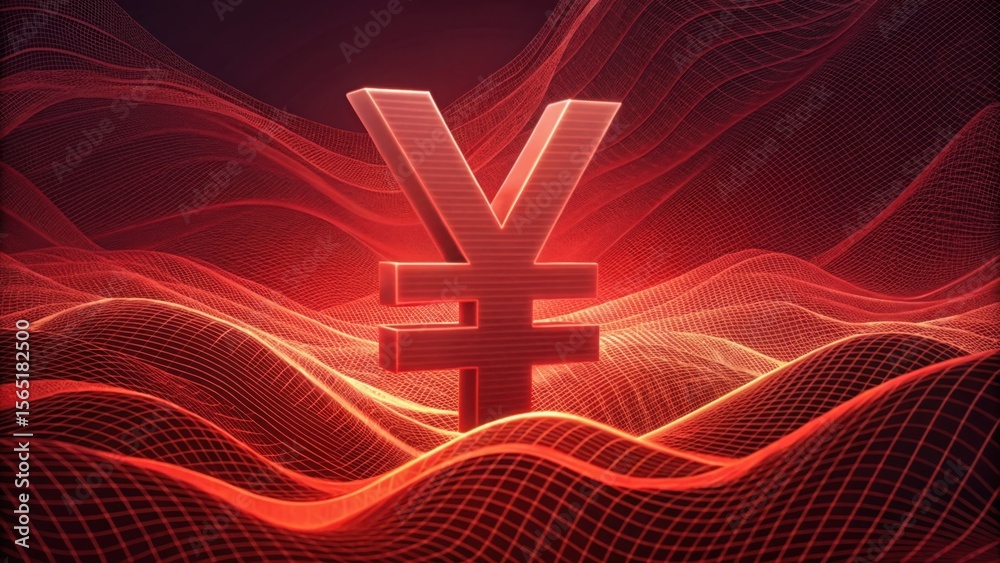 Poster Abstract Digital Wave Background with Yuan Symbol 3D Render