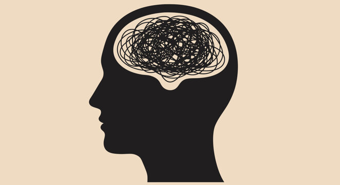 Silhouette Head with Tangled Thoughts: A Mind in Chaos