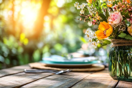 Blue and white plates and wildflowers in a vase. Generative AI