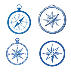 Collection of simplistic blue compass illustrations against a white background