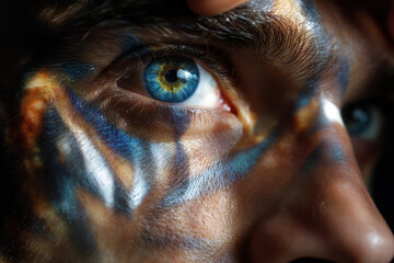 Intricate face paint highlights vibrant blue eye in close-up portrait with dramatic lighting
