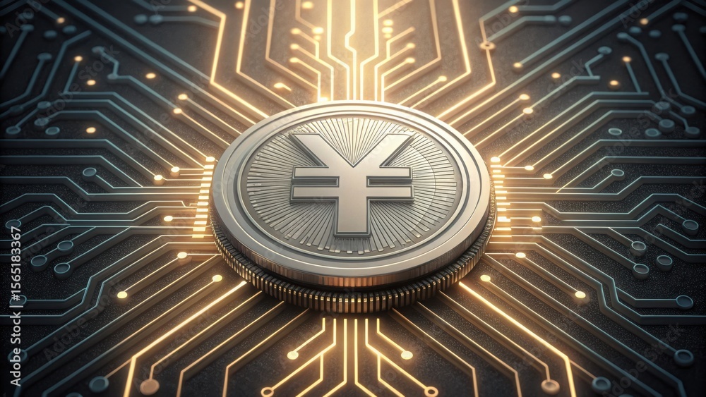 Poster Macro Detail of Digital Yuan Coin on Circuit Board Background