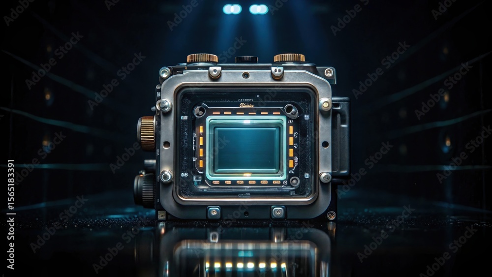 Aufkleber an underwater camera capturing the reflective surface of the power hub against the dark depths revea