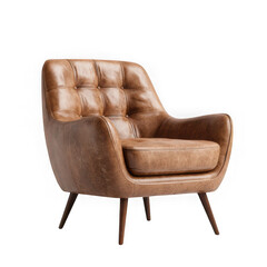 Naklejka premium Isolated brown leather armchair with tufted back on a white background view
