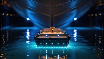 A proximity shot of the sensors data transmission module emitting signals to a surface vessel illuminated by bioluminescent organisms in the surrounding waters..