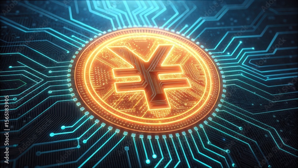 Poster Digital Yuan Hologram with Data Lines and Technology Design