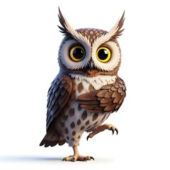 Whimsical Owl Character with Big Eyes,Cartoon Owl Standing on One Leg with Playful Pose and Soft Lighting for a Cute Appearance