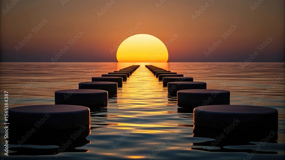 Aufkleber Artistic view of shadows from the floating platforms cast on the water below with the sun setting in the background creating a contrast of light and dark..