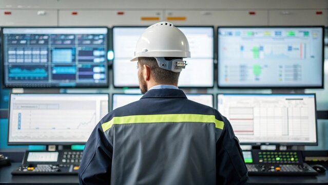 A technician inputting realtime sensor data into a computer system ensuring that offshore machinery operations are correctly monitored and controlled..