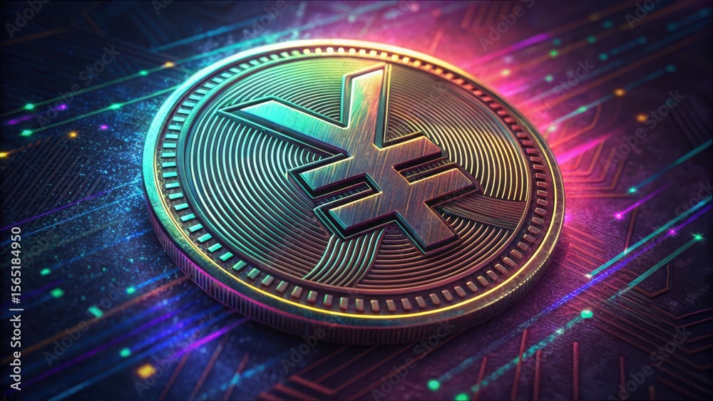Poster digital yuan coin with glitch effects in cyber environment