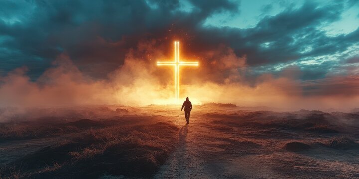Individual walking towards a glowing cross on a foggy landscape during sunset