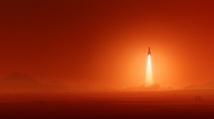 A rocket descends on the Martian sky, leaving a trail of fire and smoke as it embarks on its mission to establish a human presence on the red planet. The landscape glows with reddish hues