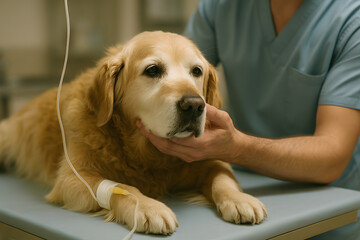 Senior Golden Retriever on a Veterinary Table with IV Drip, Veterinarian Comforting Dog, Soft Clinical Light