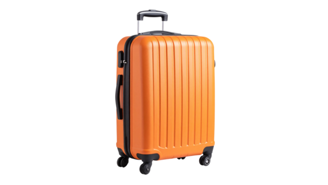 Modern orange trolley suitcase isolated on transparent background, ready for travel and tourism