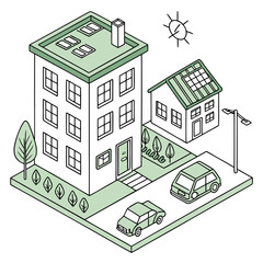 Naklejka premium Isometric view of a residential area with buildings cars trees and a sun in a line art style