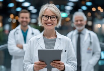 A happy female doctor utilizes a tablet for managing employees, overseeing hospital workflow, and finding solutions for clinic staff through software or an application, all in the pursuit of