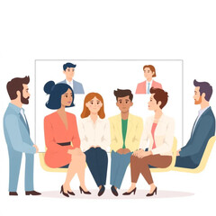 Fototapeta premium A group of ten employees are attending a video call. One person is standing while the rest are seated, listening attentively.