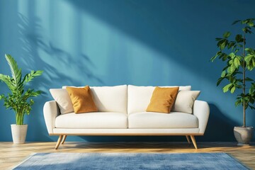 Fototapeta premium Modern Living Room with Stylish Sofa and Decorative Plants Against a Blue Wall, Showcasing Contemporary Interior Design and Natural Light