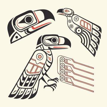 Three stylized birds in traditional native american art with geometric shapes and black and red lines