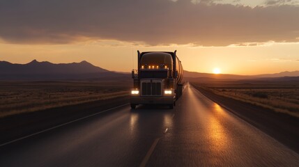 front angle of oil truck on a long road, cinematic light, desert environment