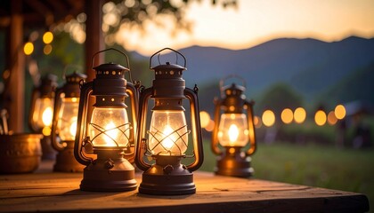 夕暮れの山々を背景にした温かいランタンの灯りが作る幻想的な風景
