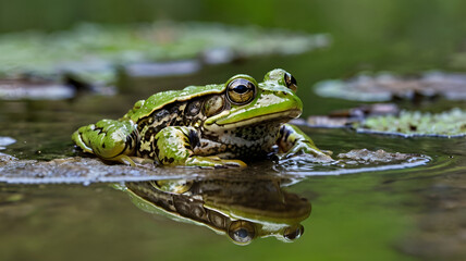 Obraz premium A juvenile American bullfrog peeks out from muddy water near the edge of a swamp.