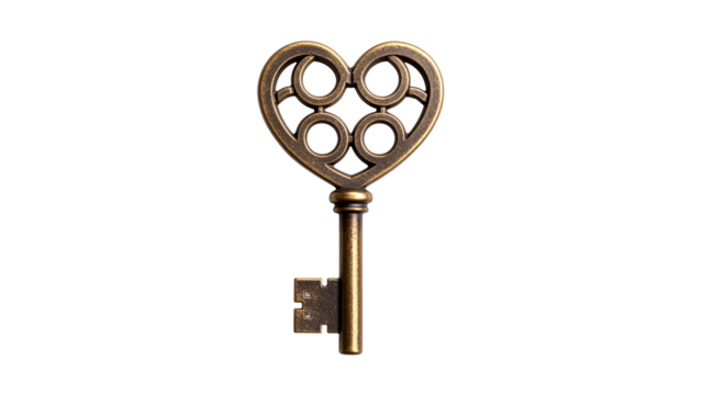 Antique key with heart shaped handle isolated on transparent background, representing love, secrets, and security