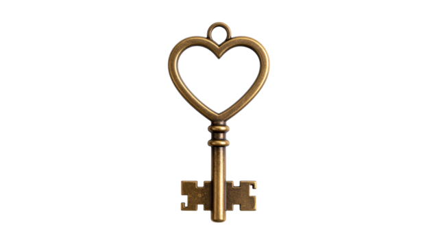 Antique key with heart shaped handle isolated on transparent background, representing love, secrets, and security - Powered by Adobe