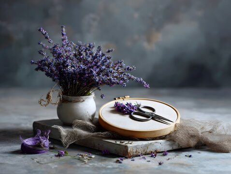 craft table with embroidery hoop, scissors, and dried lavender bunc