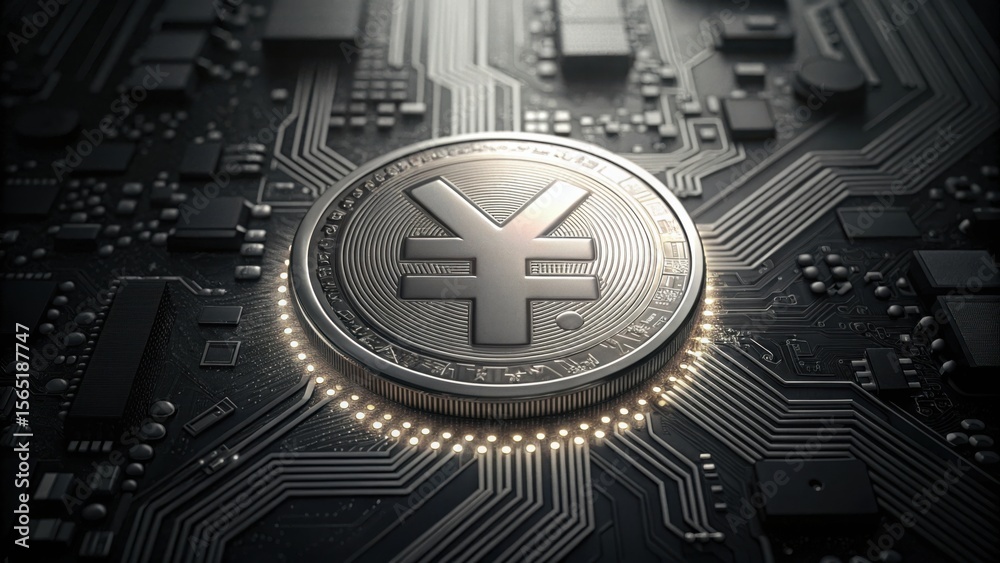 Poster digital yuan coin on computer motherboard with gigapixel detail