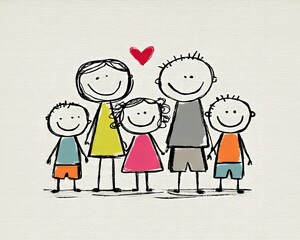 Hand-drawn style modern design illustrations portray a happy family with two children