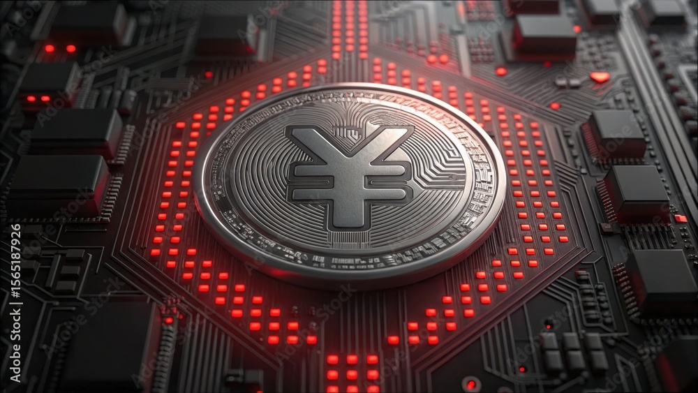 Poster digital yuan coin on red motherboard with high-resolution detail