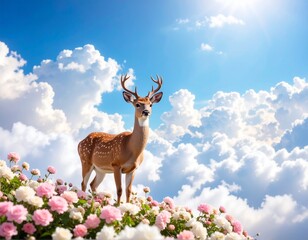 【ファンタジー系】雲上の花畑を歩く鹿