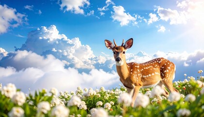 【ファンタジー系】雲上の花畑を歩く鹿