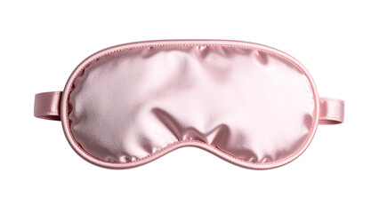 Pink satin eye sleeping mask isolated on white background. Insomnia and sleeplessness disorder concept. Close up, copy space, flat lay. Accessories for girls and women 